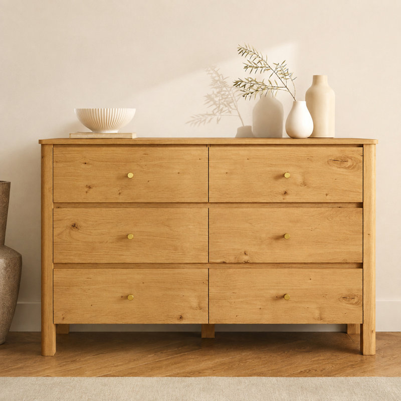 Commode en bois à 6 tiroirs, large de 120 cm, avec poignée en métal, Chêne naturel