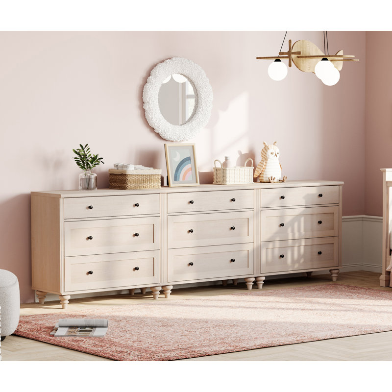 Dresser For Bedroom With 9 Drawers, Kids Dressers With Wide Chest Of Drawers, Mid Century Modern Wooden Closet Storage Organizer, Large Wood Dressers For Living Room, Nursery, Hallway, Light Beige