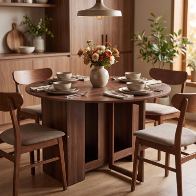 Round Drop Leaf Folding Dining Table, Space-Saving Convertible Dinner Table with Dual Drop-Leaf Sides for Small Apartments, Kitchen, Balcony