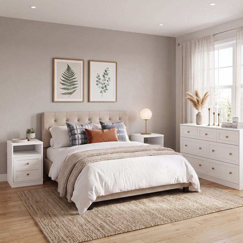 Ensemble de chambre moderne 3 pièces comprenant une commode à 7 tiroirs et 2 tables de chevet avec porte et étagère ouverte, blanc