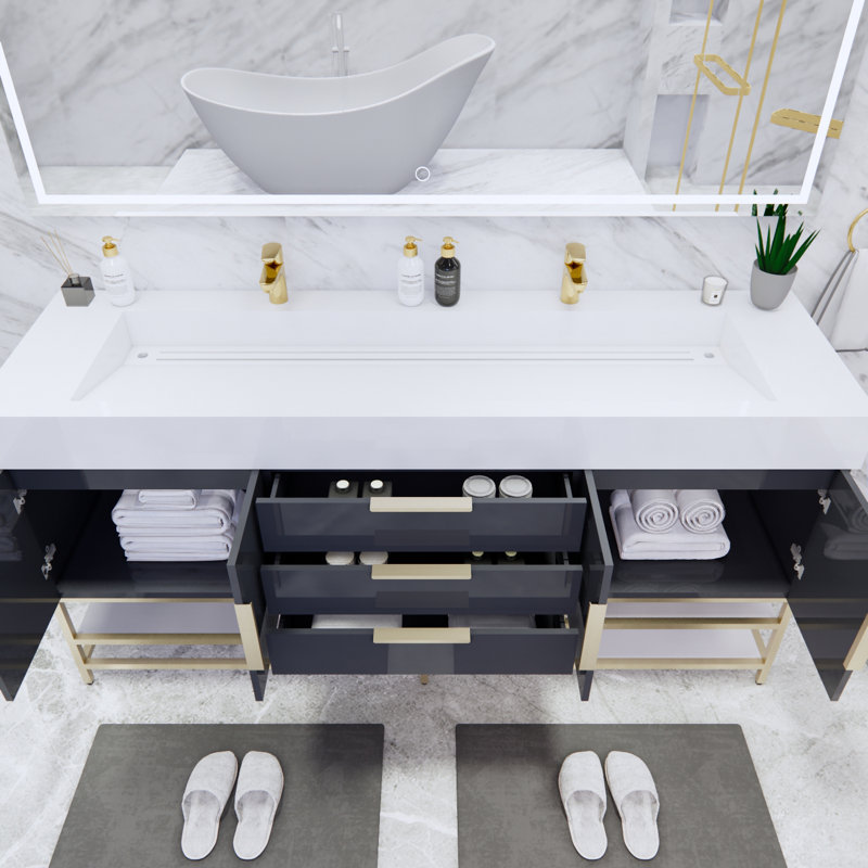 Ensemble de meuble-lavabo double 72 po Glasgow, Gris foncé à haute brillance, Blanc