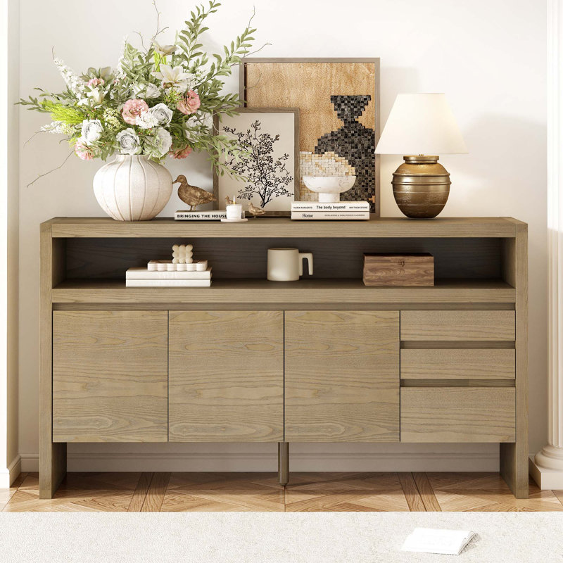 Buffet moderne à 3 portes en panneau de fibres à densité moyenne avec placage semi-circulaire et découpe centrale semi-circulaire dans le panneau arrière pour le salon, le couloir et la salle à manger