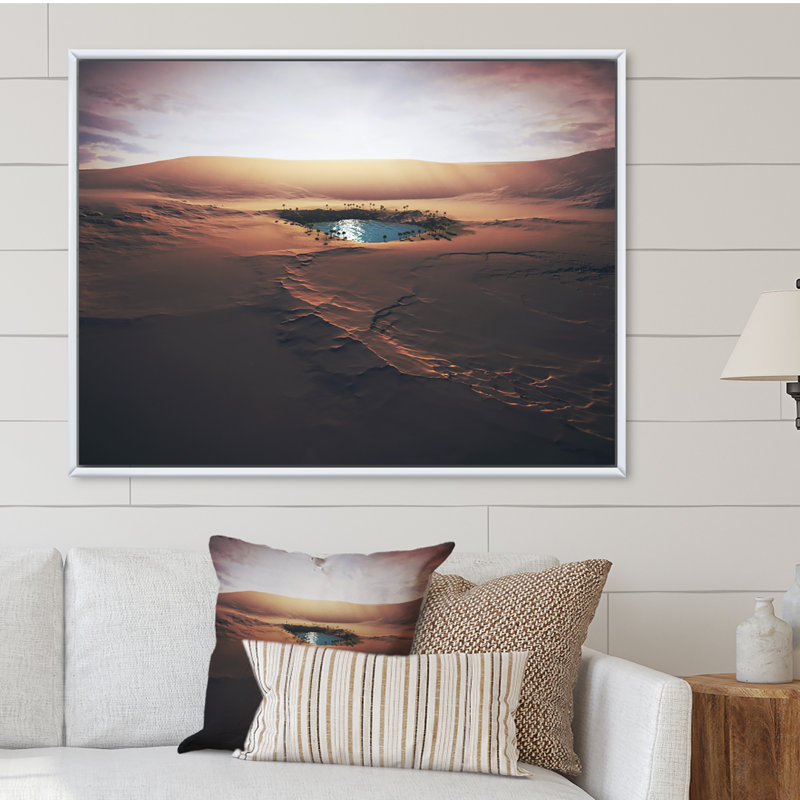 «Small Oasis Middle Sandy Desert», art mural sur toile traditionnel, H 8 po x l 12 po x P 1 po, Cadre flottant blanc