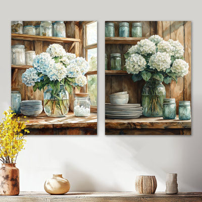 Hydrangeas in the Farm Kitchen III – White Nature 2 Piece Large Metal Wall Art Print