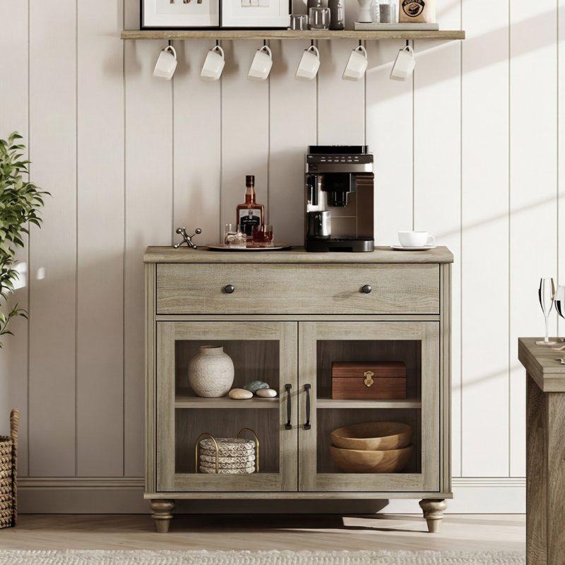 Buffet Corretta avec portes vitrées, meuble de rangement de cuisine, table basse en bois avec rangement, buffet/crédence de style ferme moderne pour salle à manger ou salon, gris délavé, 86 cm (34 pouces).