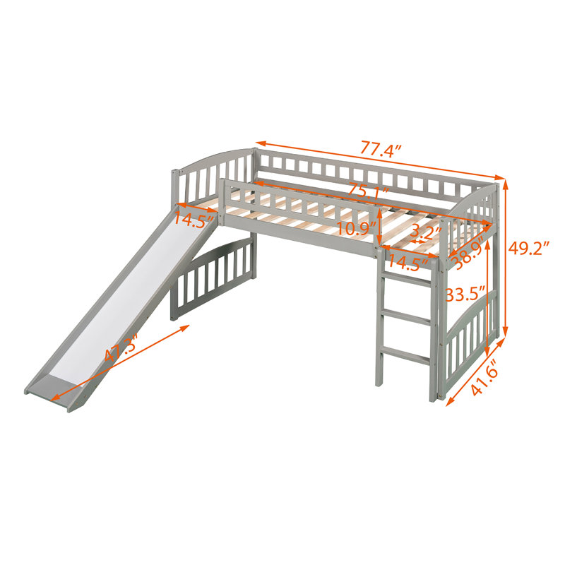 Lit mezzanine simple avec glissoire et échelle, gris