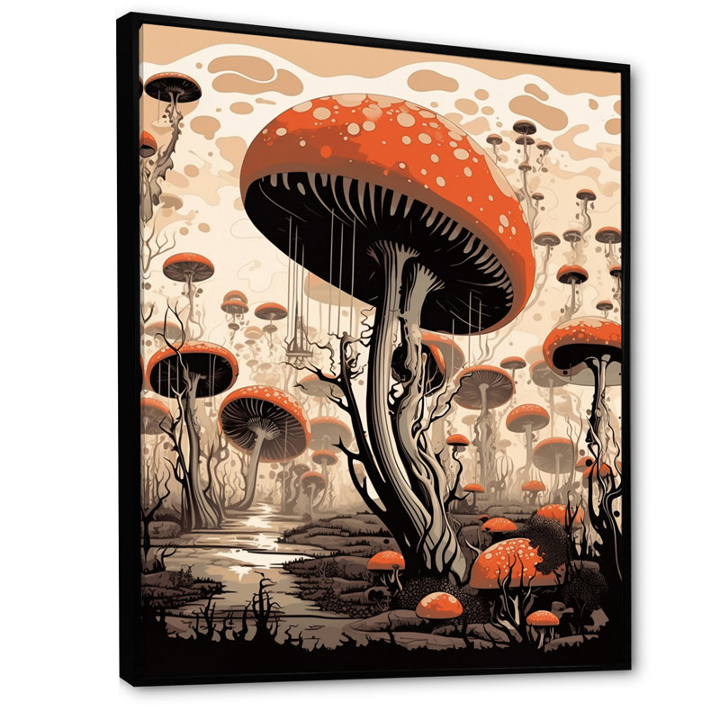 Amarita - Illustration rétro de champignon magique - reproduction, 20" H x 12" W, Cadre flottant noir