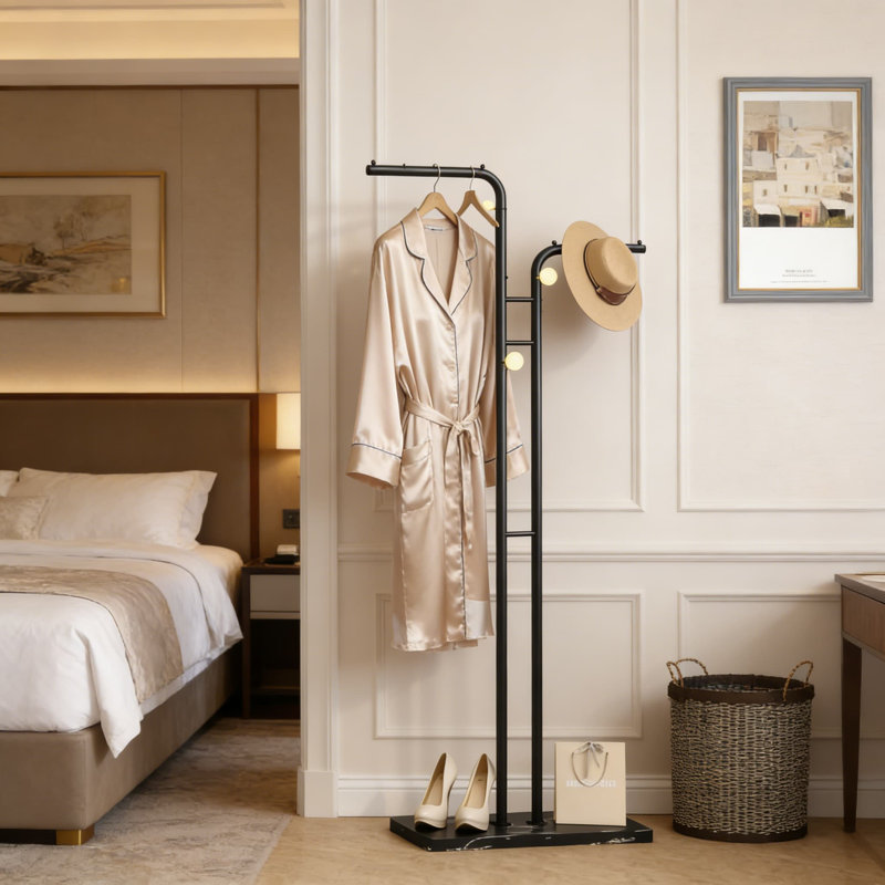 Freestanding Double-Pole Coat Rack With 5 Hooks, Metal Clothes Hat Stand For Entryway, Bedroom, Living Room, And Closet Organization
