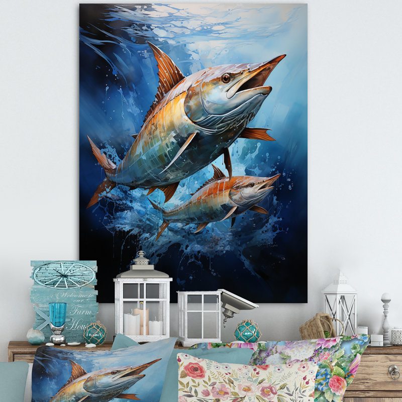 Alleffra pêche majestueux Marlins sautant II, H 20 po x l 12 po x P 1 po, Toile tendue