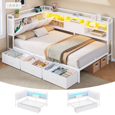 Lit de jour double avec 4 tiroirs, bibliothèque et rangements dissimulés dans la tête de lit, structure de lit de jour en coin avec éclairage DEL et station de recharge pour enfants et adolescents, lit d'appoint gain de place, blanc