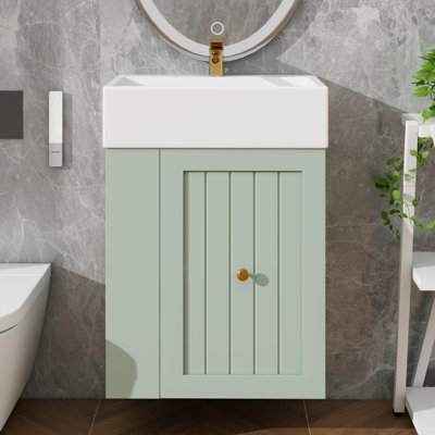 Meuble-lavabo moderne de 20 po pour les petites salles de bain, lavabo en céramique, armoire de rangement en panneau de fibres à densité moyenne avec tiroir, tablette latérale et poignée dorée