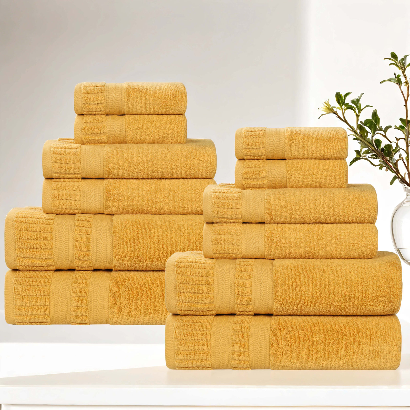 Zero-Twist Cotton Towel Set, Gold, 12 Piece Towel Set