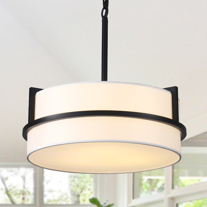 3 - Light 15.74" W Modern Fabric Drum Shape Dimmable Chandelier For Dining Room Bedroom Foyer, Matte Black