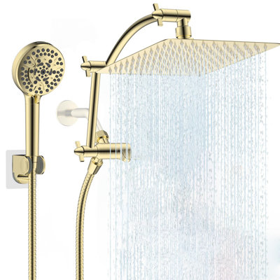Pomme de douche à pluie haute pression 10 po, pomme de douche à main avec bras d'extension de douche réglable 16 po, 10 jets, tuyau 71 po