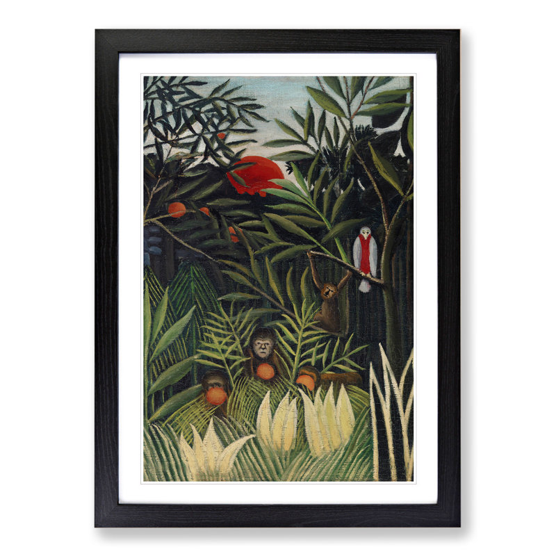 Monkeys and Parrot in the Virgin Forest by Henri Rousseau - Picture Frame Painting, 48cm H x 36cm W x 2cm D, Black