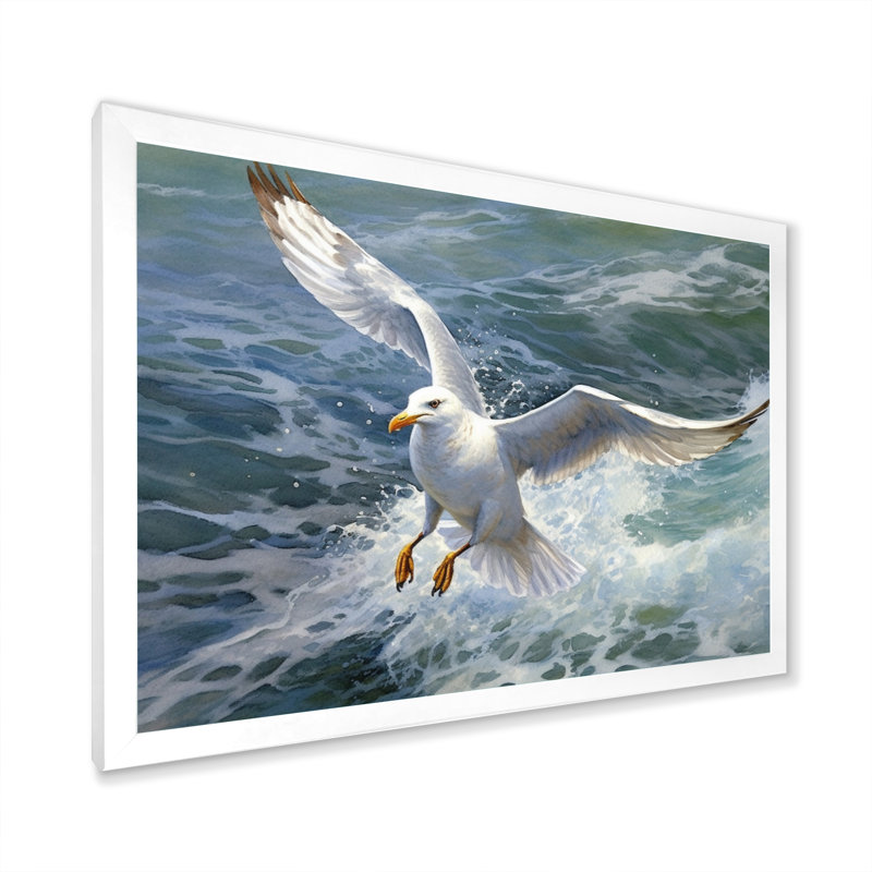 «Watchful Seagull IV», art mural sur toile, Cadre simple blanc, H 34 po x l 44 po x P 1,5 po