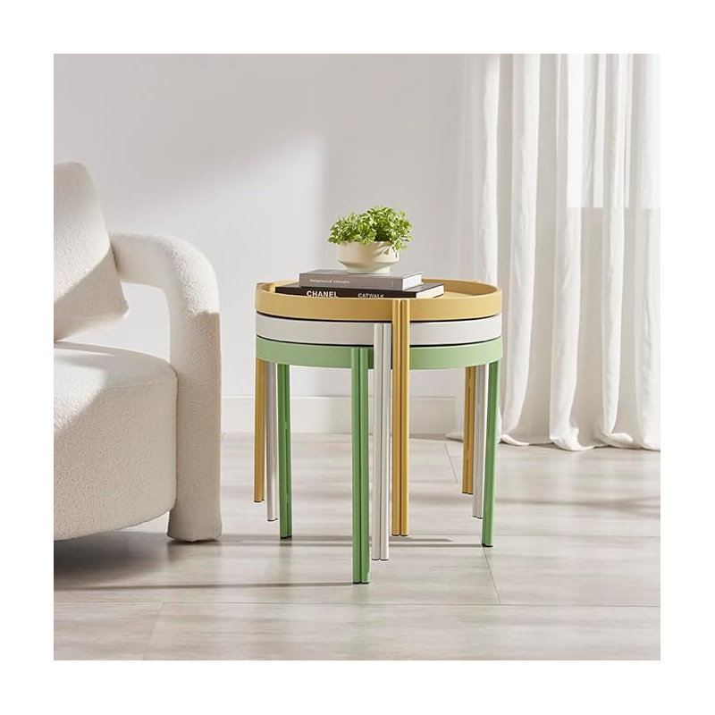 Table basse gigogne en plastique avec pieds en métal, table basse empilable, assemblage rapide, ensemble de 3, blanc + jaune + vert