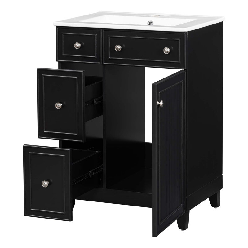 Armoire de salle de bain avec lavabo en céramique, 2 tiroirs et 1 porte, Noir