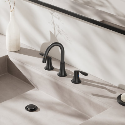 8 Inch Matte Black with Pull-Out Sprayer Bathroom Faucet - Widespread 2 Handle 3 Hole, Lead-Free, with Metal Pop-Up Drain & Water Supply Lines