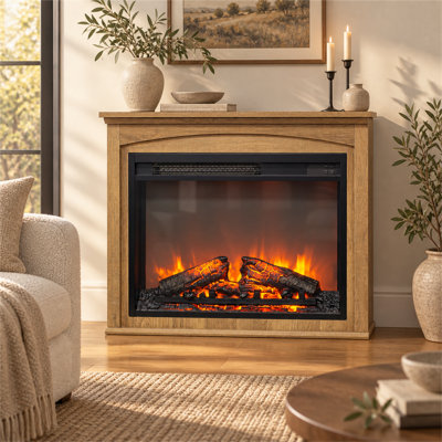 28-Inch Freestanding Electric Fireplace with Wood Mantel, 23-Inch Infrared Quartz Heater, Remote Control & Adjustable Flame