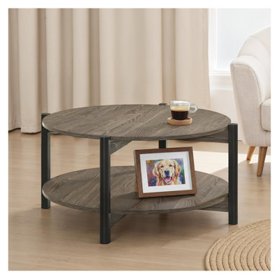 Table basse transitionnelle ronde avec tablette ouverte, meubles en bois d'ingénierie gris foncé et pieds en métal pour le salon