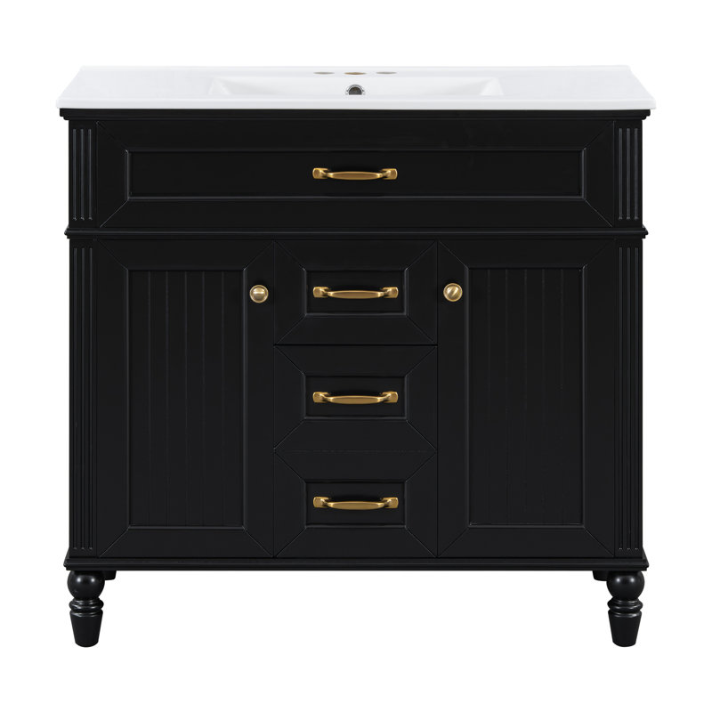 Meuble-lavabo 36 po avec lavabo en céramique, 3 tiroirs et 2 armoires, Black