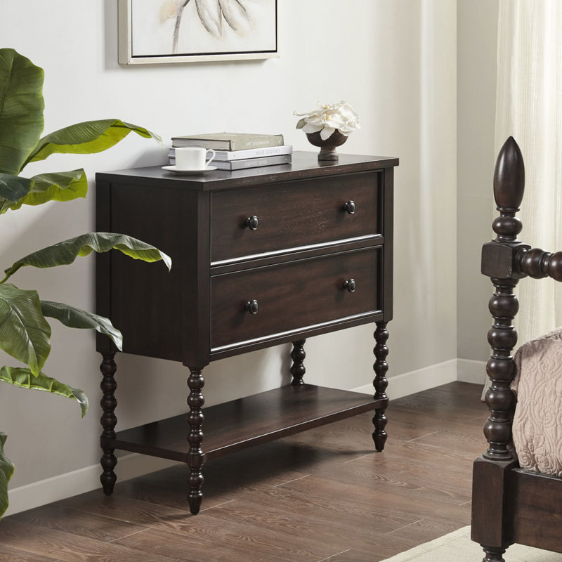Commode d'appoint 2 tiroirs en bois massif, Morocco Brown