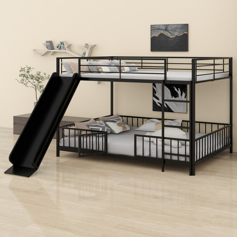 Metal Bunk Bed With Slide And Guardrails, Full Over Full, Black