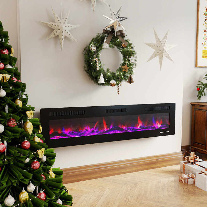 Foyer électrique ultra-mince, mural ou encastré, couleurs et luminosité de flamme réglables, 1500 W, écran tactile et télécommande, minuterie et protection contre la surchauffe