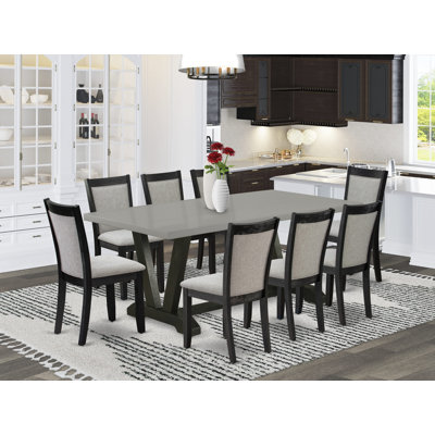Modern Dining Set - A Dining Table with Trestle Base and Linen Fabric Kitchen Chairs with High Back