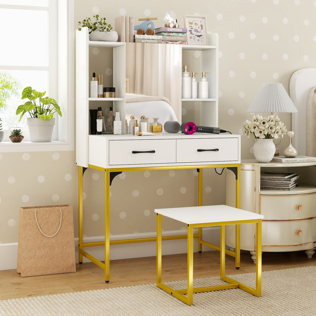 Vanity Desk Wide Makeup Dressing Table With Power Outlets-Brown
