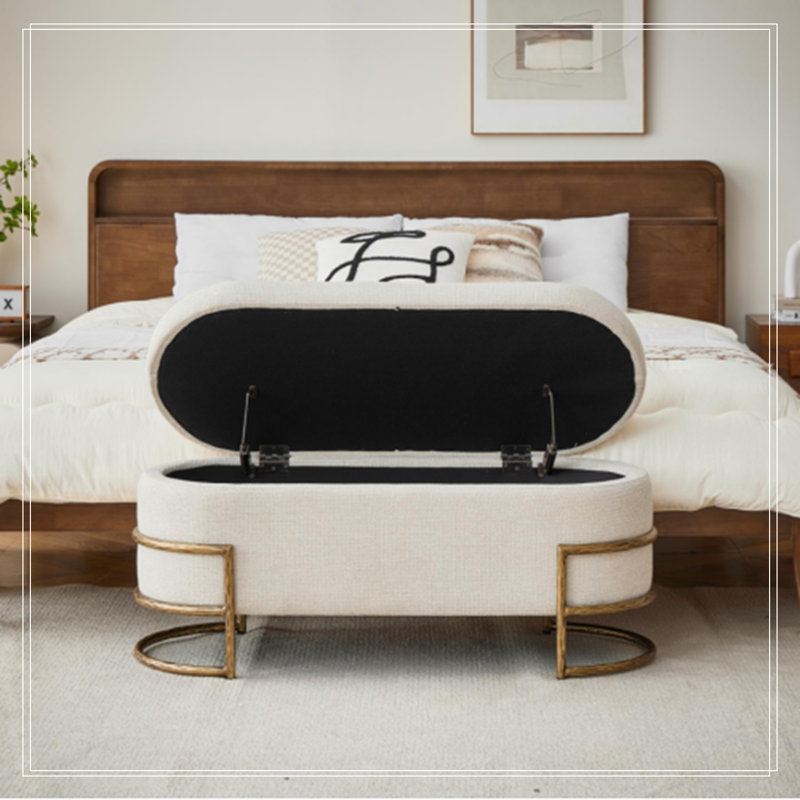 Banc de rangement ovale capitonné à couvercle rabattable avec pattes en métal, Beige