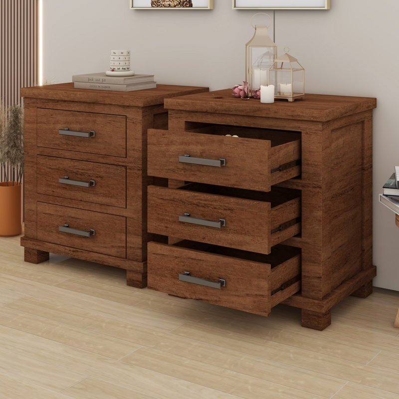 Ensemble de table de chevet rustique en bois massif à trois tiroirs Rustic