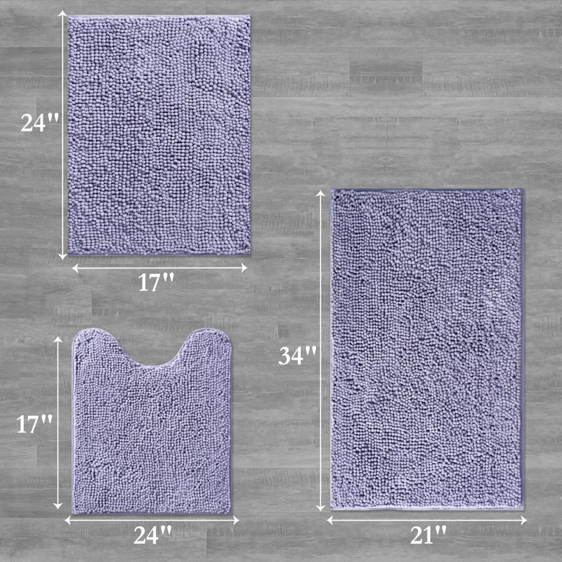 Chenille Super Soft Absorbent Microfiber Non-Slip 3-Piece Bath Rug, Lavender