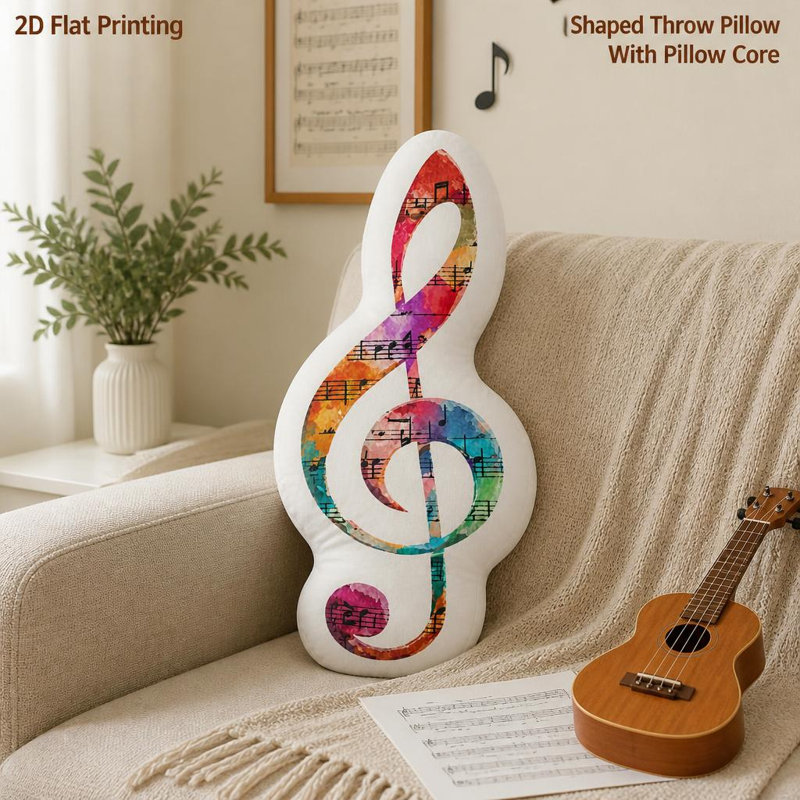 Coussin décoratif en forme de clé de sol, imprimé à plat en 2D, avec notes de musique aquarelle, motif musicien et mélomane. Parfait comme cadeau pour une chambre, un sofa ou une fête. 60 cm (23,62 pouces).