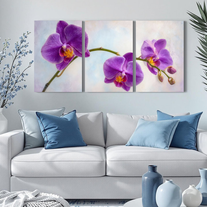 Ensemble de 3 tableaux muraux sur toile à motif floral d'orchidées violettes, H 18 po x l 36 po