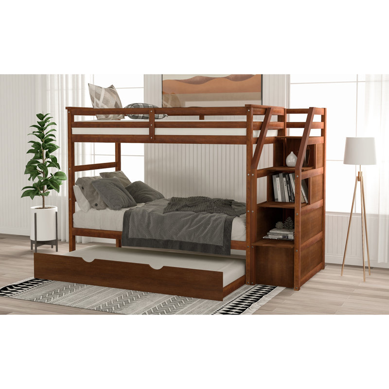 Lit superposé Twintwin avec aspect noyer et lit gigogne pour le rangement des escaliers en bois massif,