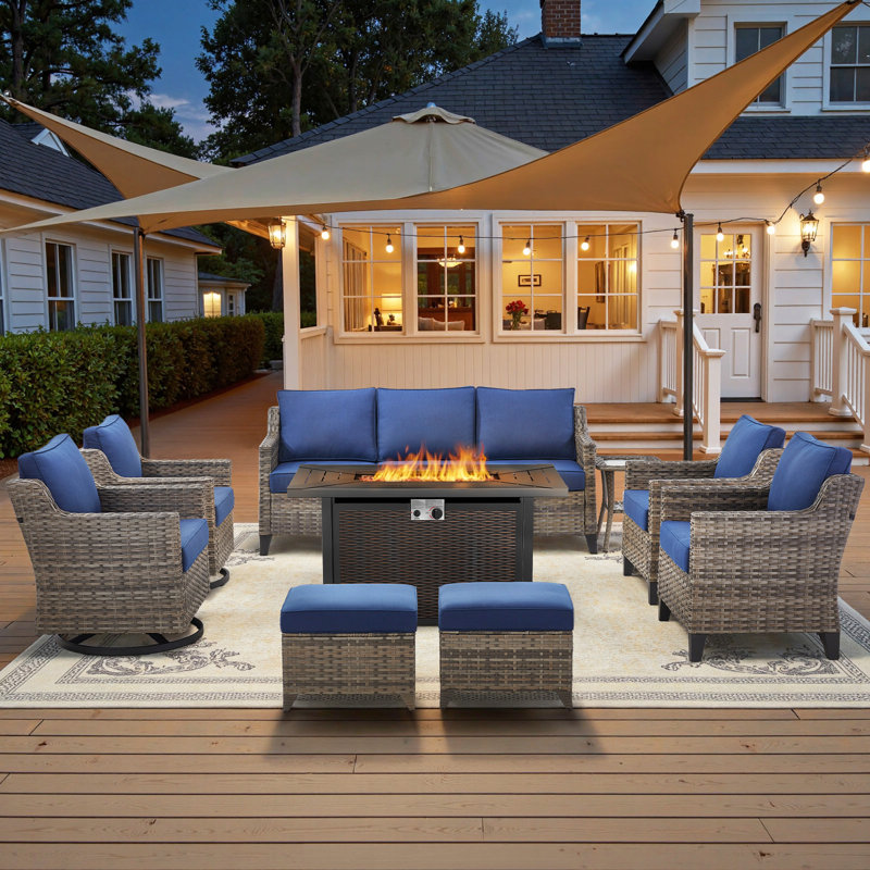 9 - Person Outdoor Wicker Patio Conversation Furniture Sofa Set With Swivel Chairs & Fire Pit Table, Blue