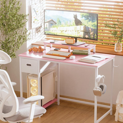 Bureau d'ordinateur de 39 pouces avec support pour moniteur et petit bureau avec tiroir de rangement non tissé pour bureau d'écriture et bureau rose