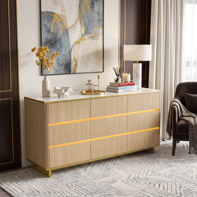 63" W x 32.3" H 9-Drawer Dresser with Bluetooth LED Lights, Charging Station and Marble-Look Top