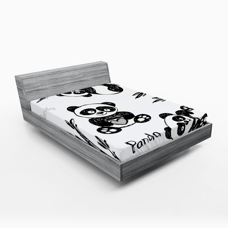 Ambesonne Cartoon Fitted Sheet 2-Pack Hand Drawn Panda Poses White and Black, California King Fitted Sheet