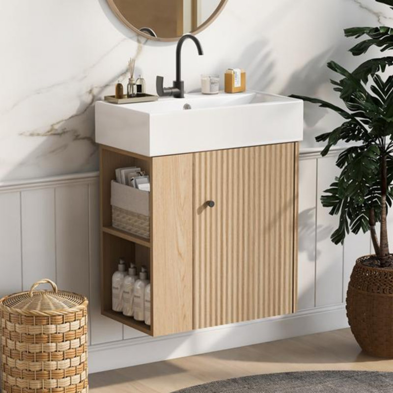 Meuble-lavabo flottant moderne de 21,6 po avec lavabo en céramique - parfait pour les petites salles de bain, rangement à gauche