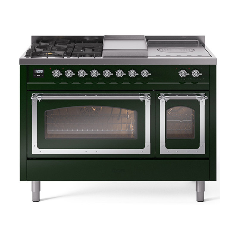 ILVE Nostalgie II Series Noblesse 48 inch Dual Fuel Range 5 Sealed Burners, Griddle, Frenchtop (Glass Door), Emerald Green