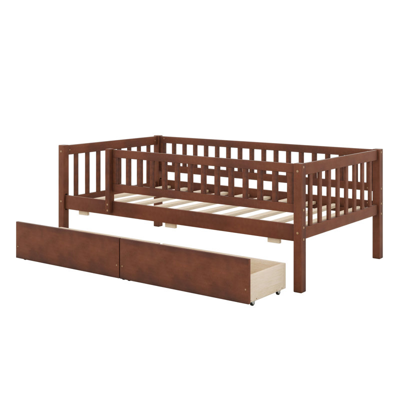 Daybed Wood Bed With Two Drawers, Walnut, Twin