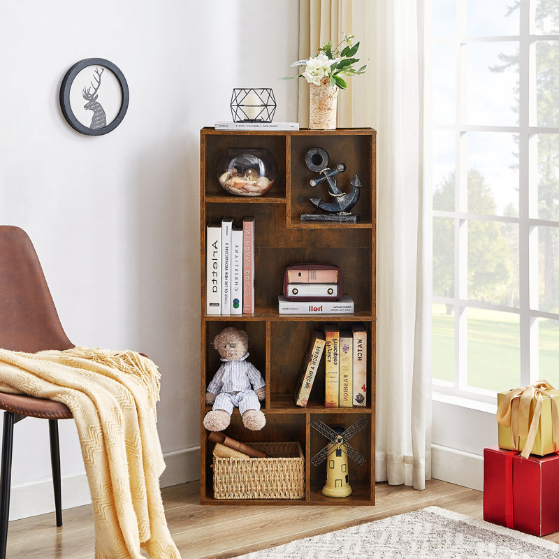 Melgarejo Brown Cubby Bookshelf, 42-Inch Modern 5-Tier Tall Geometric Bookcase, Freestanding Storage Organizer with Multiple Open Shelves, Floor Standing Small Space Display Storage Cabinet for Living Room, Bedroom, or Home Office