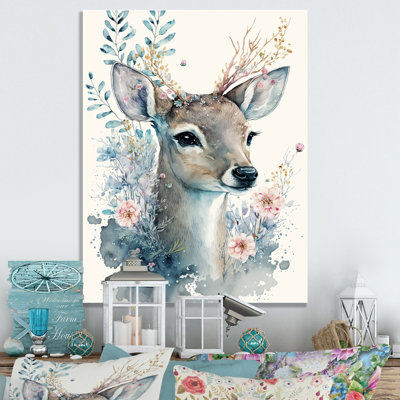 Mignon petit cerf avec fleurs roses - reproduction sur toile