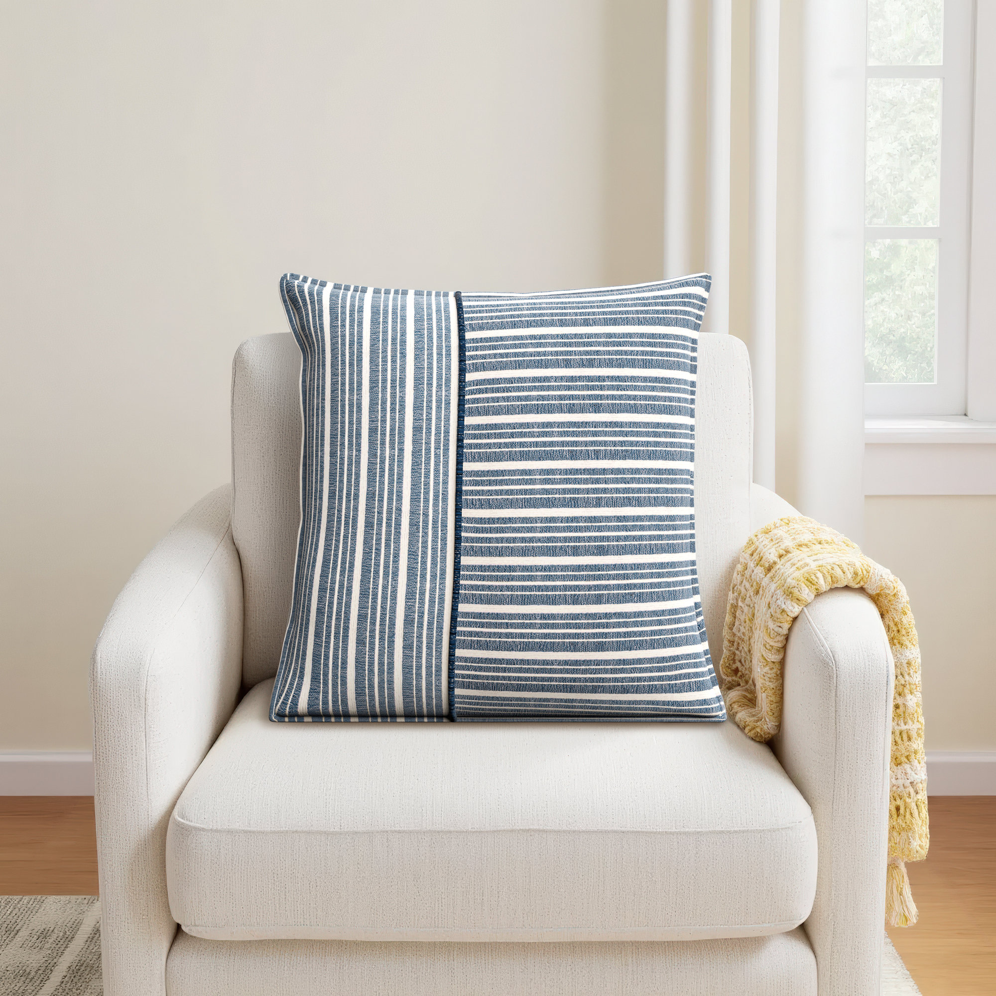 Berthe Striped Cotton Throw Pillow, Blue