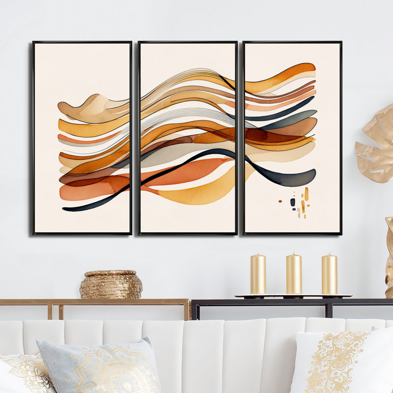 «Burnt Orange Waves Abstract VI», ensemble d'art mural moderne sur toile, Cadre noir, H 28 po x l 36 po x P 1 po