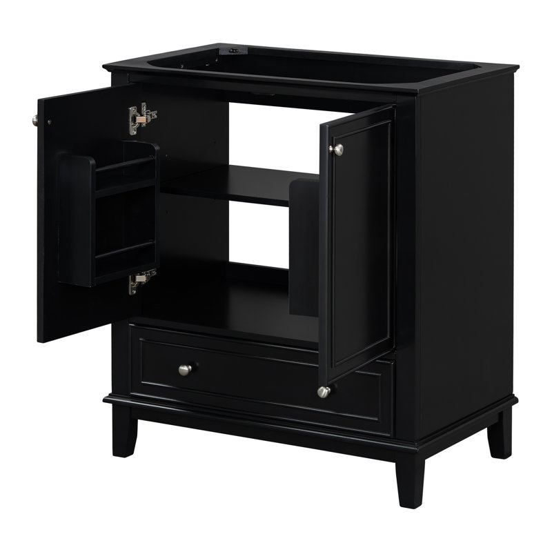 Base d'armoire de salle de bain noire 30 po, armoire en bois massif et planche, portes et tiroir, multifonction, tablette réglable, assemblage requis noir, fonctionnel requis