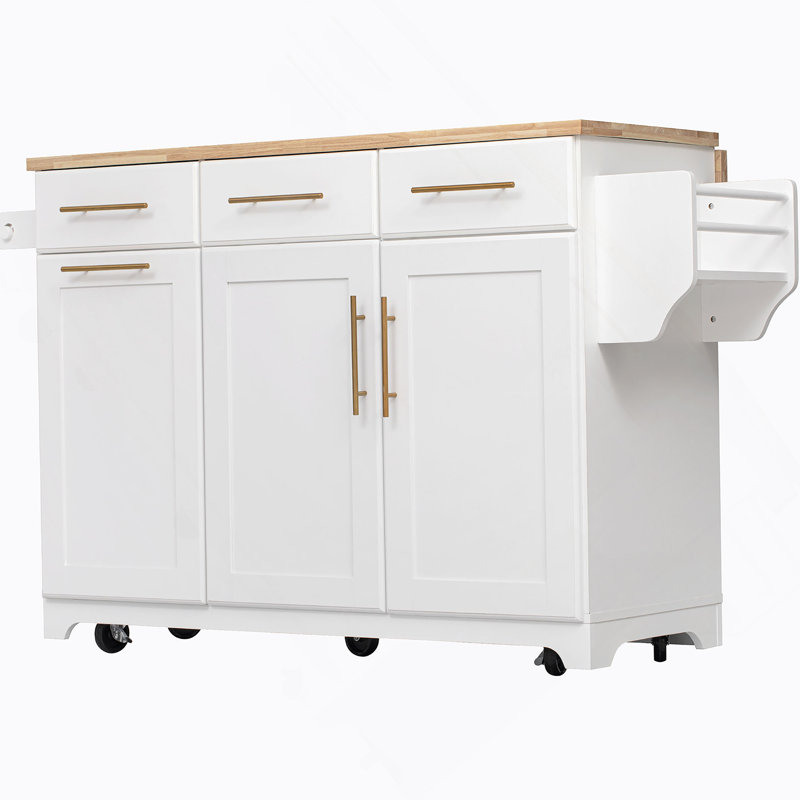 Rolling Kitchen Island With Drop Leaf Countertop, Pull-Out Trash Cabinet, Dual Organizers, Built-In Power Outlets, Spice And Towel Racks, And Rubber Wood Surface For Flexible Cooking And Storage.